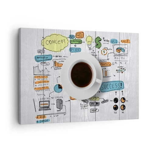 Canvas picture - A cup of coffee against the background of a conceptual drawing - 70x50cm - Time for a Break - Modern wall decoration for the living room and bedroom ARTTOR