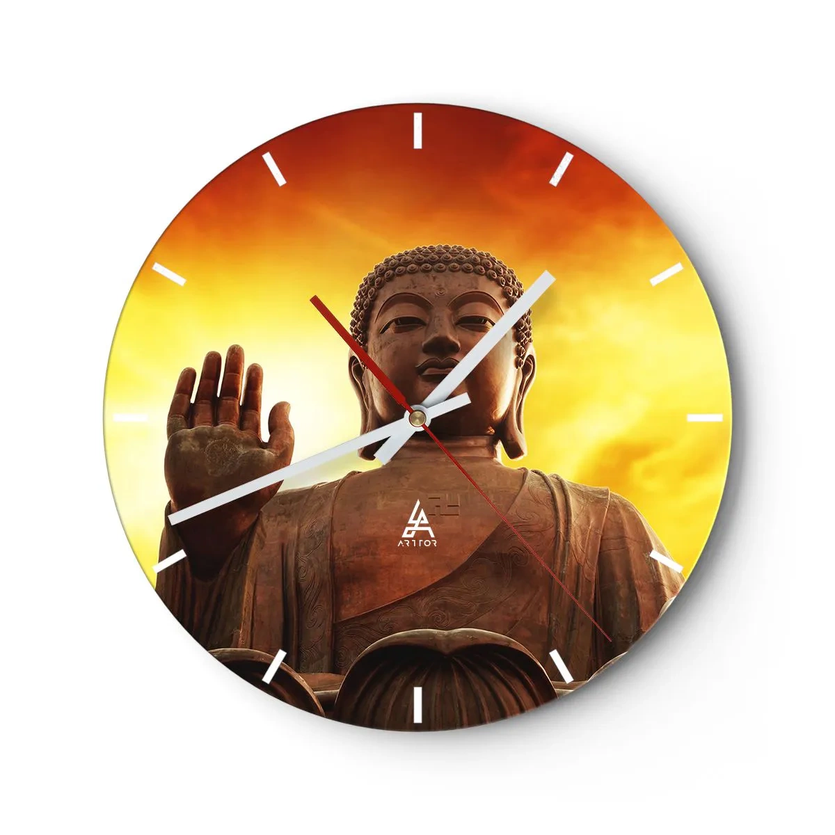 Wall clock - Clock on glass - Buddha statue against the backdrop of the setting sun - 30x30cm - Peace of the World - Modern wall decoration for the living room, kitchen, and bedroom ARTTOR