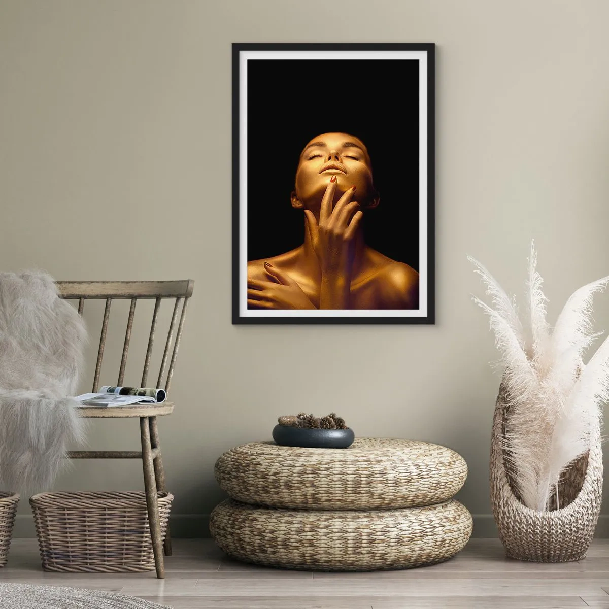 Poster in black frame - A golden figure on a black background in an elegant pose - 50x70cm - Like Golden Silk - Modern wall decoration for the living room and bedroom ARTTOR