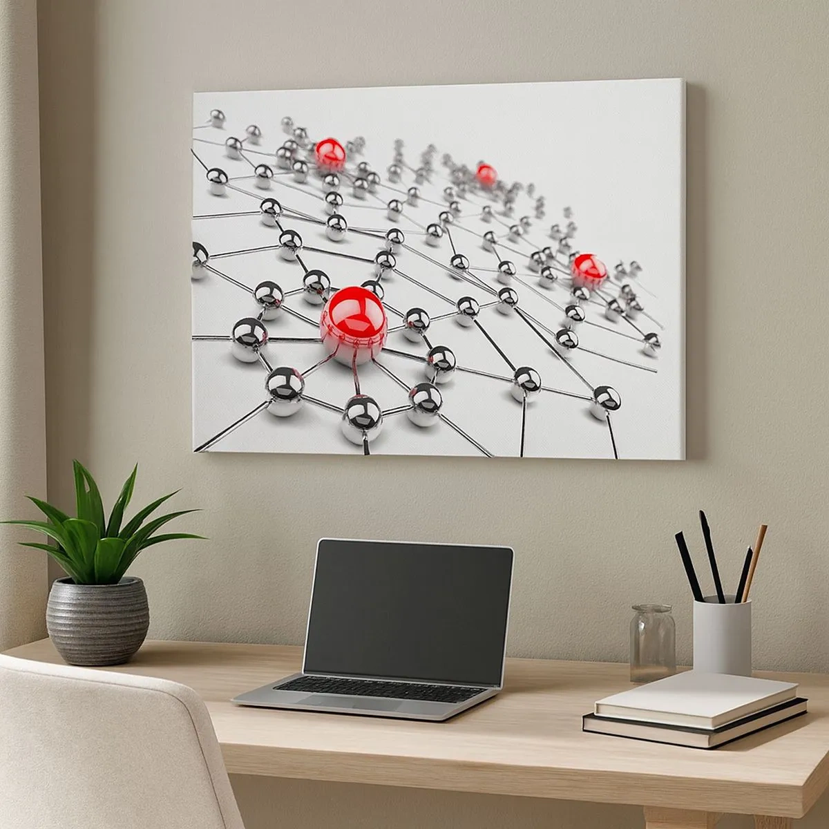 Canvas picture - A network of metallic balls with red accents - 70x50cm - Silver Net - Modern wall decoration for the living room and bedroom ARTTOR
