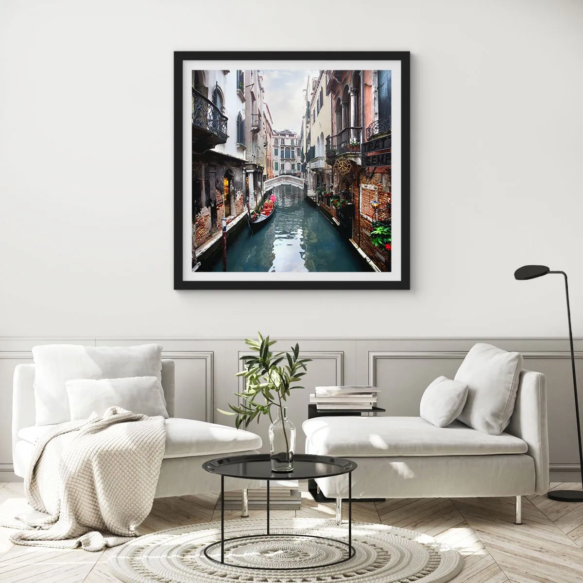 Poster in black frame - Venetian View with a Gondola and a Bridge - 30x30 cm