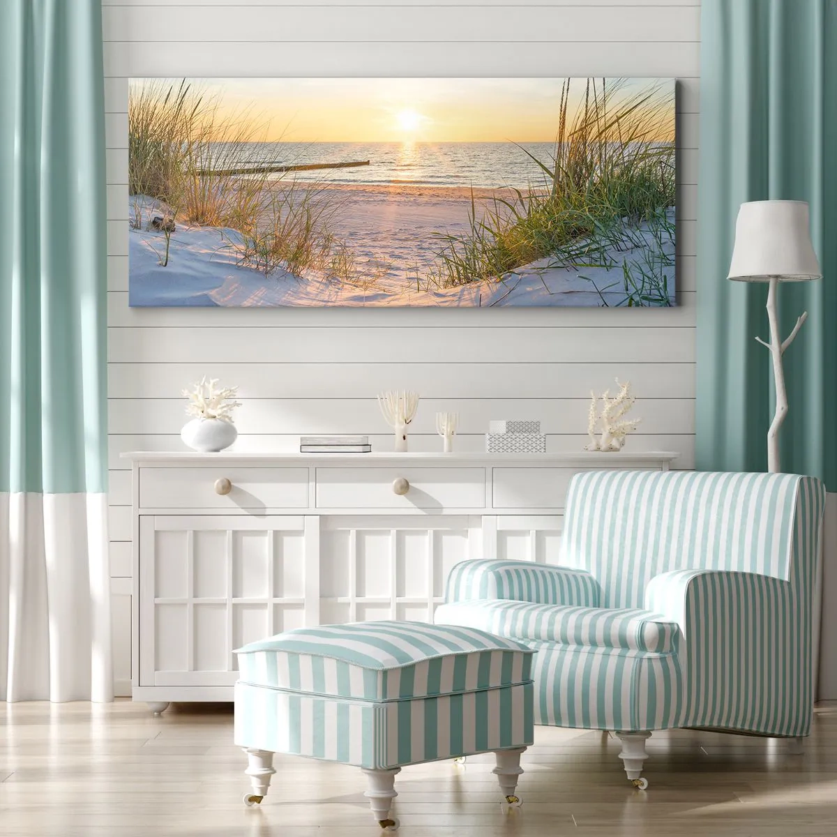 Canvas picture - Sound of the Sea, Singing of the Birds, Wild Beach among Grass - 90x30 cm