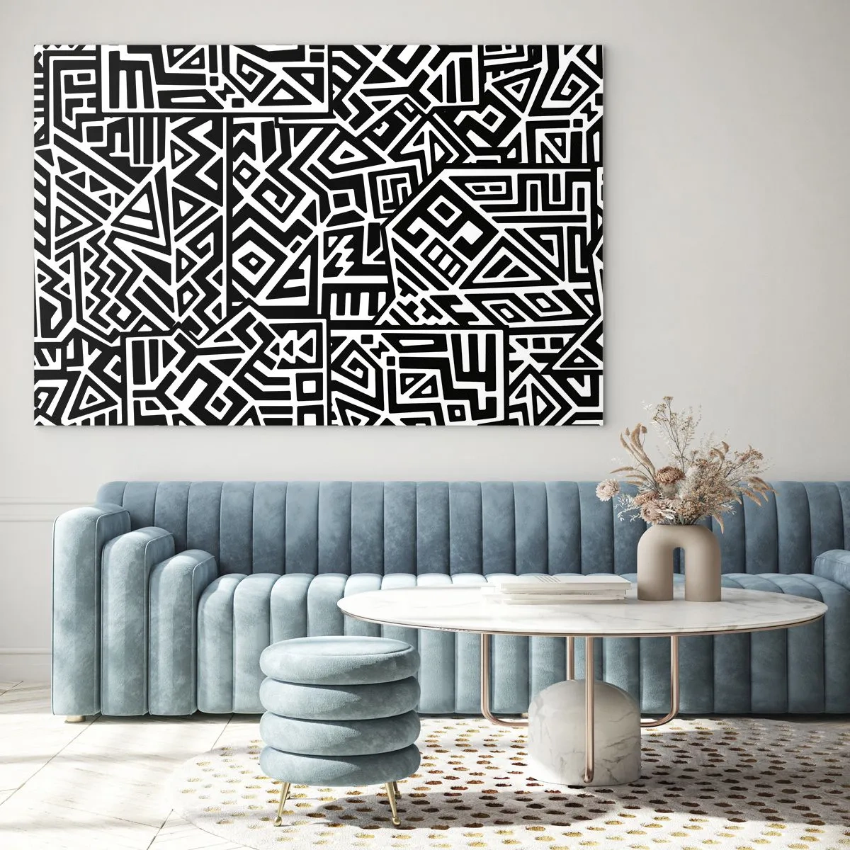 Glass picture - Black and white pattern inspired by tribal art - 70x50cm - Precolumbian Composition - Modern wall decoration for the living room and bedroom ARTTOR