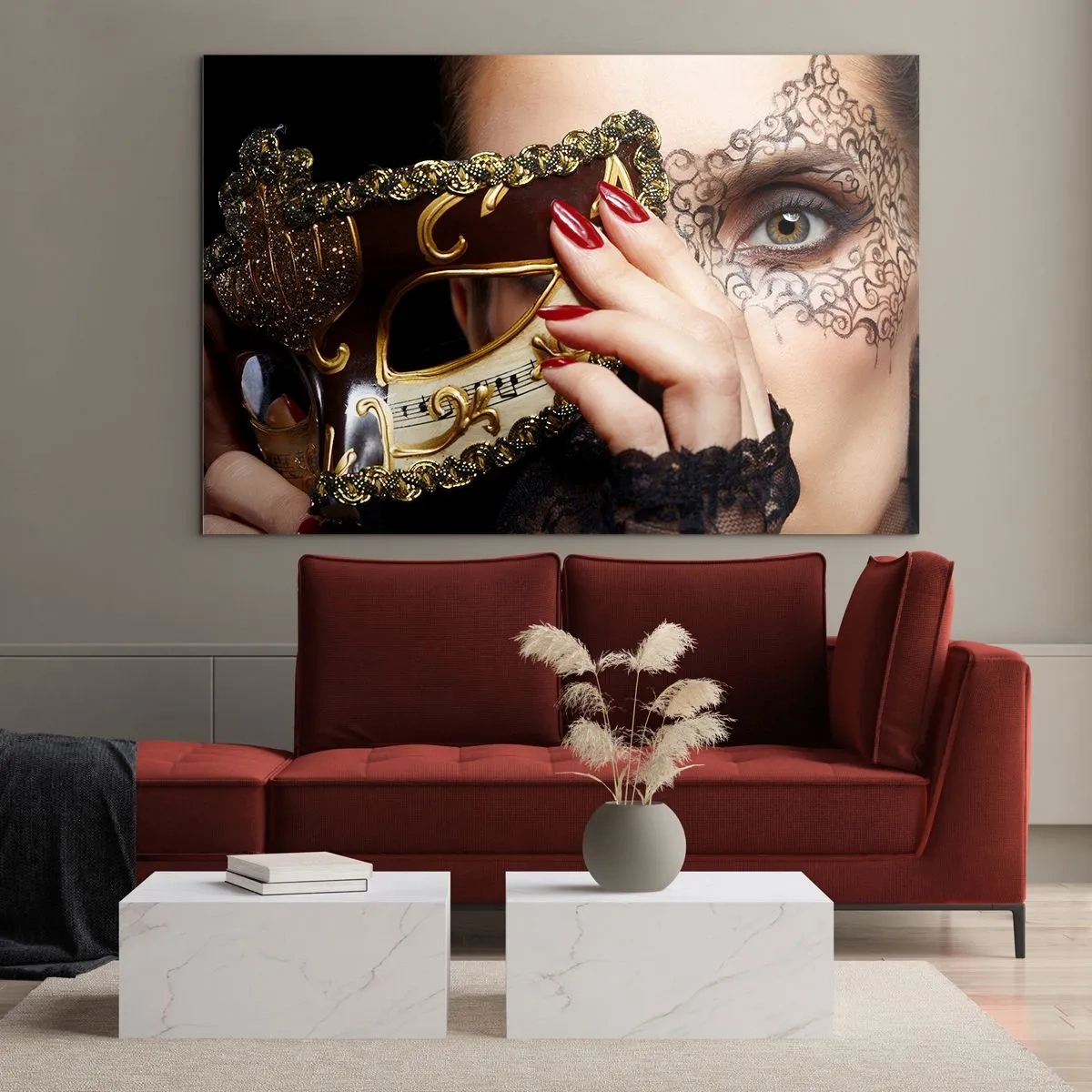 Glass picture - A golden Venetian mask on a woman's face - 70x50cm - My World Is Baroque - Modern wall decoration for the living room and bedroom ARTTOR