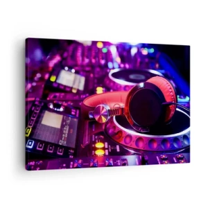 Canvas picture - DJ headphones on a console with neon lighting - 70x50cm - Before Party Starts - Modern wall decoration for the living room and bedroom ARTTOR