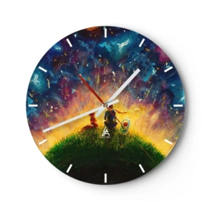 Wall clock - Clock on glass - A painting depicting two figures against a colorful sky - 30x30cm - Love and Friendship - Whole World - Modern wall decoration for the living room, kitchen, and bedroom ARTTOR