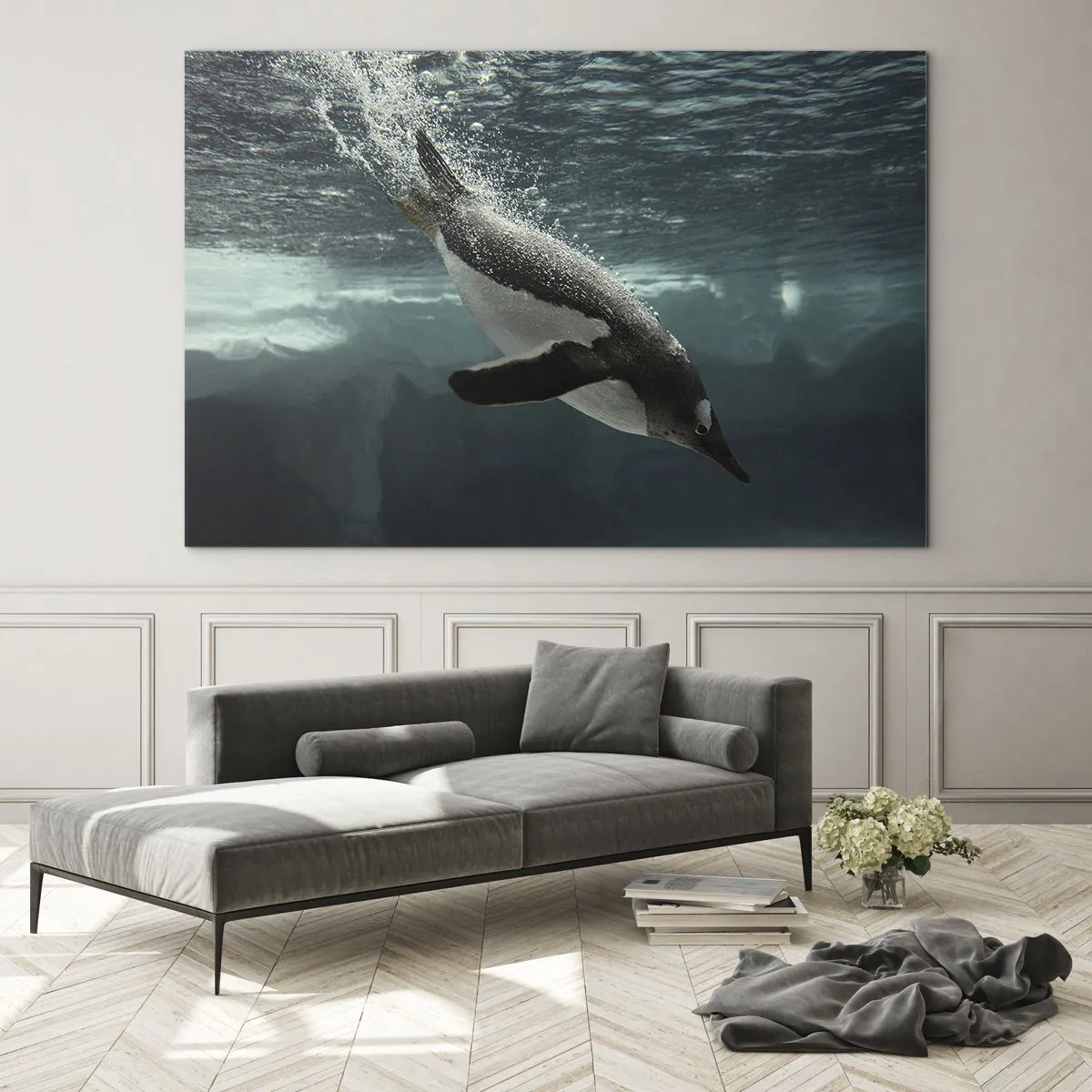 Glass picture - Penguin underwater - 70x50cm - Welcome to My World - Modern wall decoration for the living room and bedroom ARTTOR