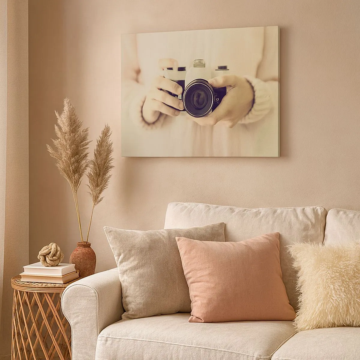 Canvas picture - Retro camera held in hands against a light background - 70x50cm - To Know More… - Modern wall decoration for the living room and bedroom ARTTOR