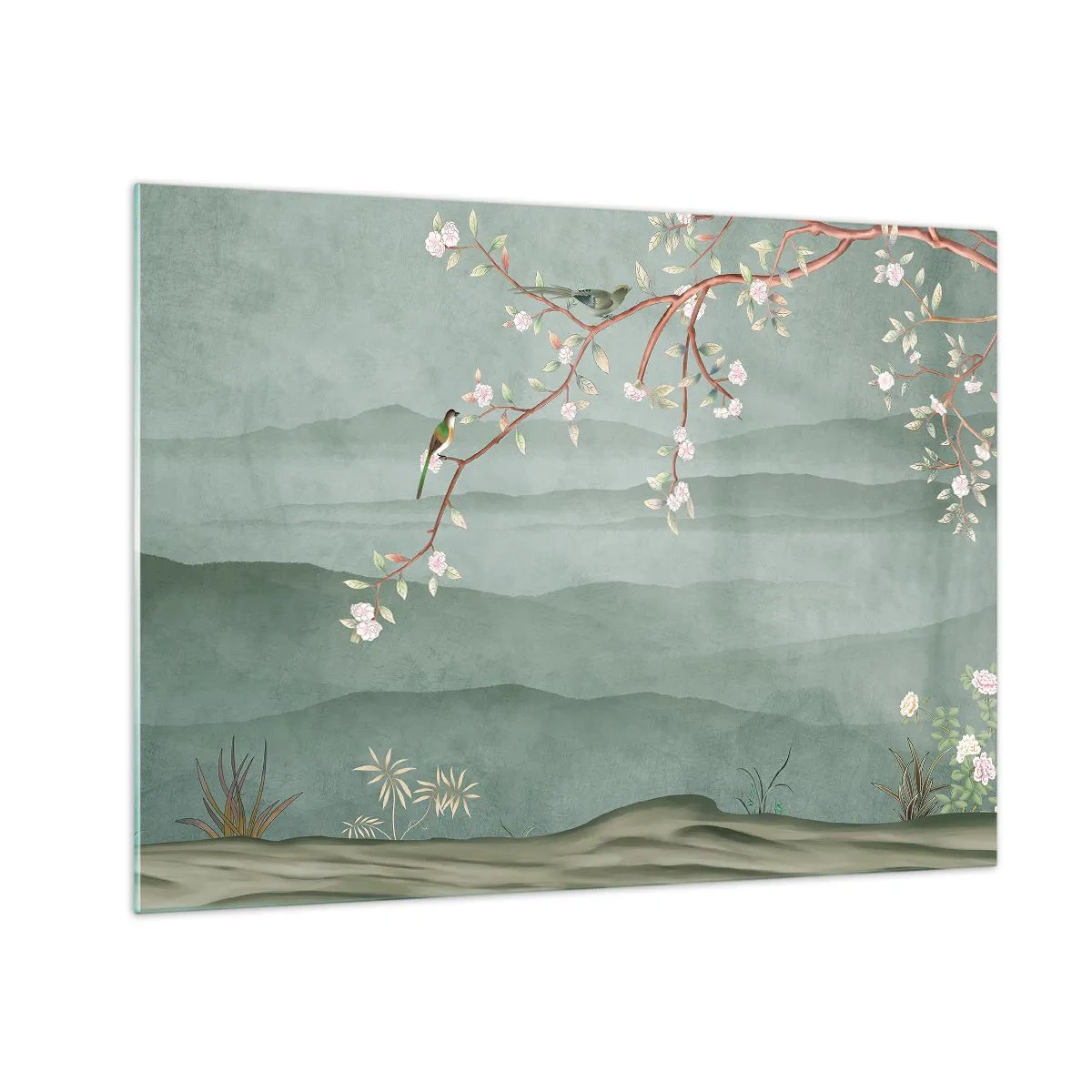 Glass picture - A branch with flowers and birds against a background of green hills - 70x50cm - Spring, It Is You - Modern wall decoration for the living room and bedroom ARTTOR