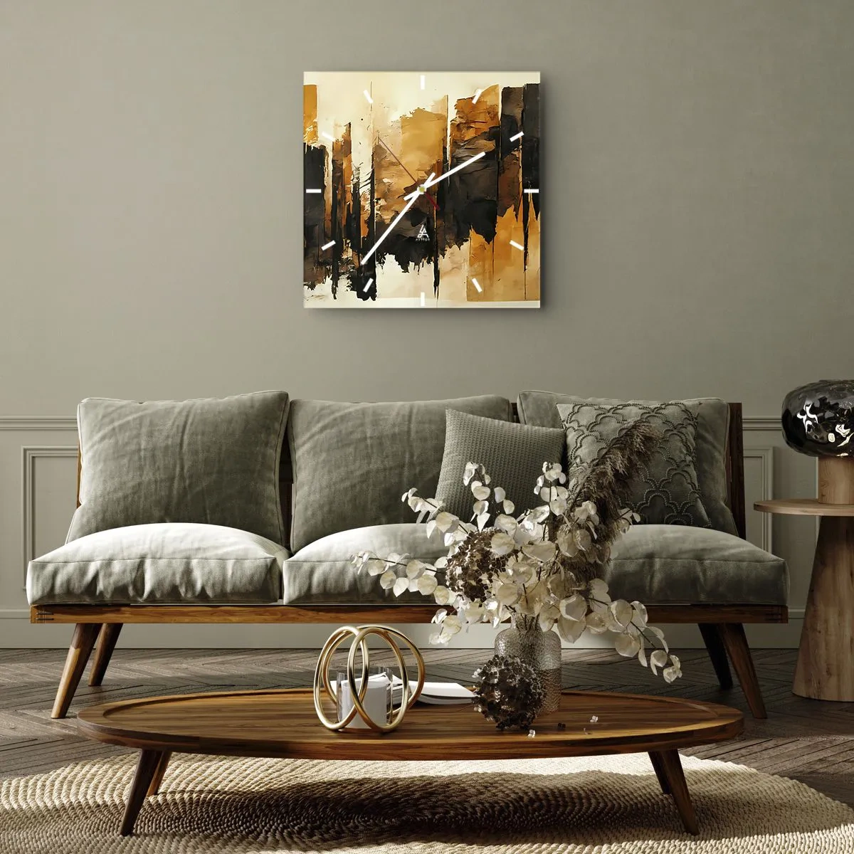 Wall clock - Clock on glass - Harmony of Black and Gold - 30x30 cm
