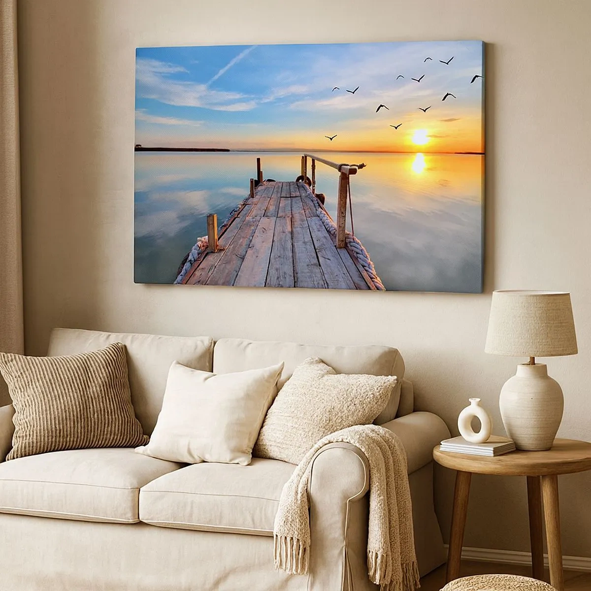 Canvas picture - Wooden pier at sunset on a calm lake - 70x50cm - Walk towards the Sun - Modern wall decoration for the living room and bedroom ARTTOR