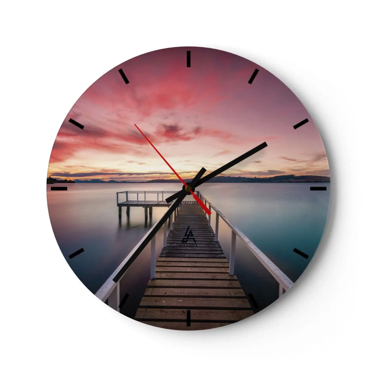 Wall clock - Clock on glass - A pier over a calm lake at sunset - 30x30cm - Mild Flame of an Evening - Modern wall decoration for the living room, kitchen, and bedroom ARTTOR