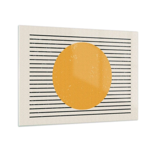 Glass picture - An orange circle against a background of horizontal black lines on a beige background. - 70x50cm - Power of Simplicity - Modern wall decoration for the living room and bedroom ARTTOR