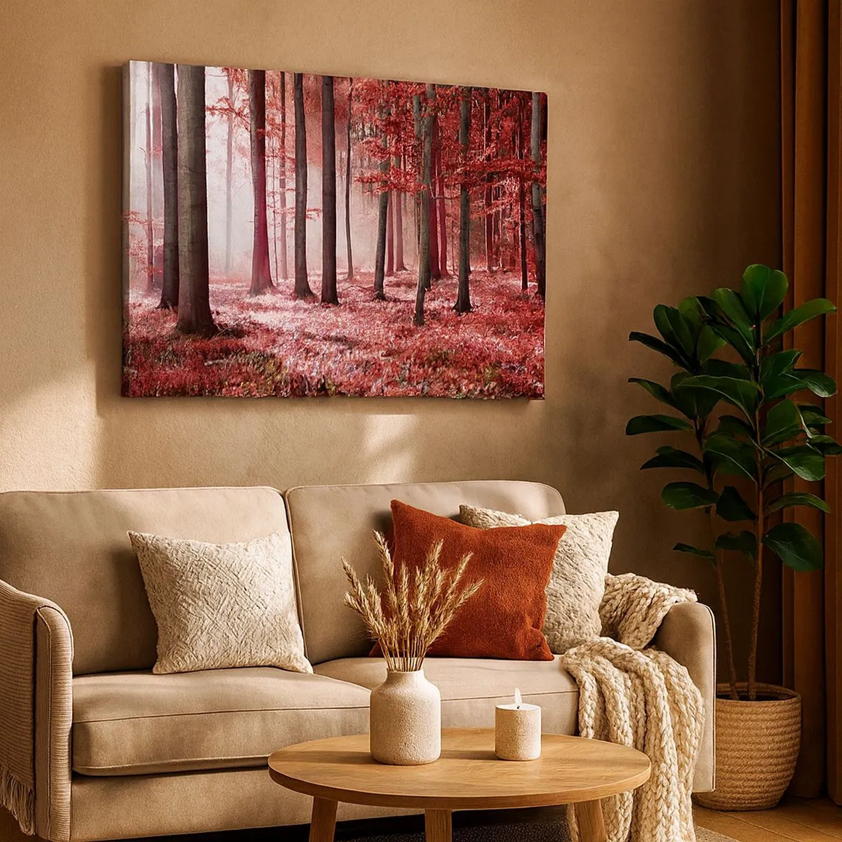 Canvas picture - A stunning forest in red hues with rays of light penetrating through the trees - 70x50cm - Red Equally Beautiful - Modern wall decoration for the living room and bedroom ARTTOR