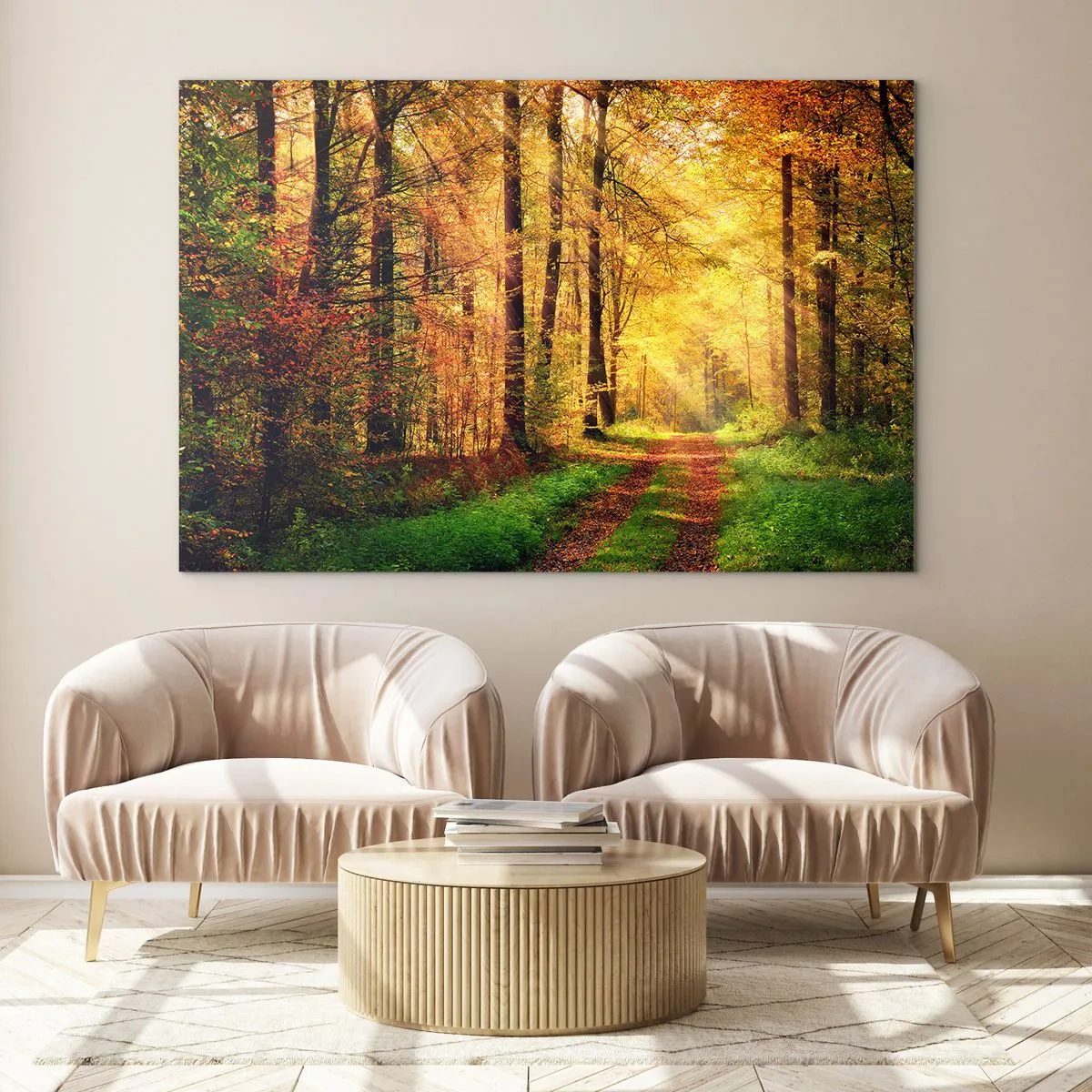 Glass picture - Autumn path in the forest with sun rays - 70x50cm - Forest Golden silence - Modern wall decoration for the living room and bedroom ARTTOR