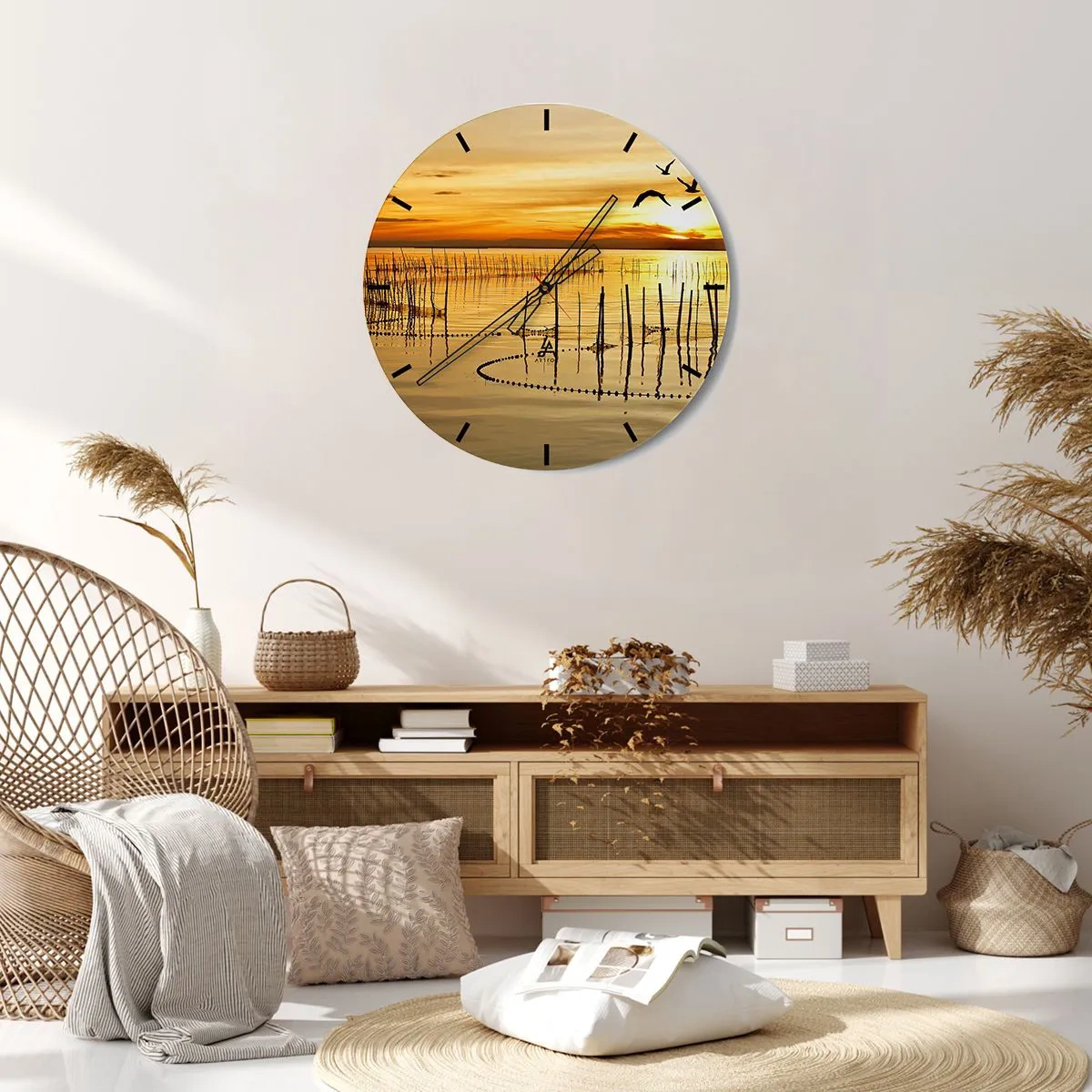 Wall clock - Clock on glass - At a Fishery - 30x30 cm