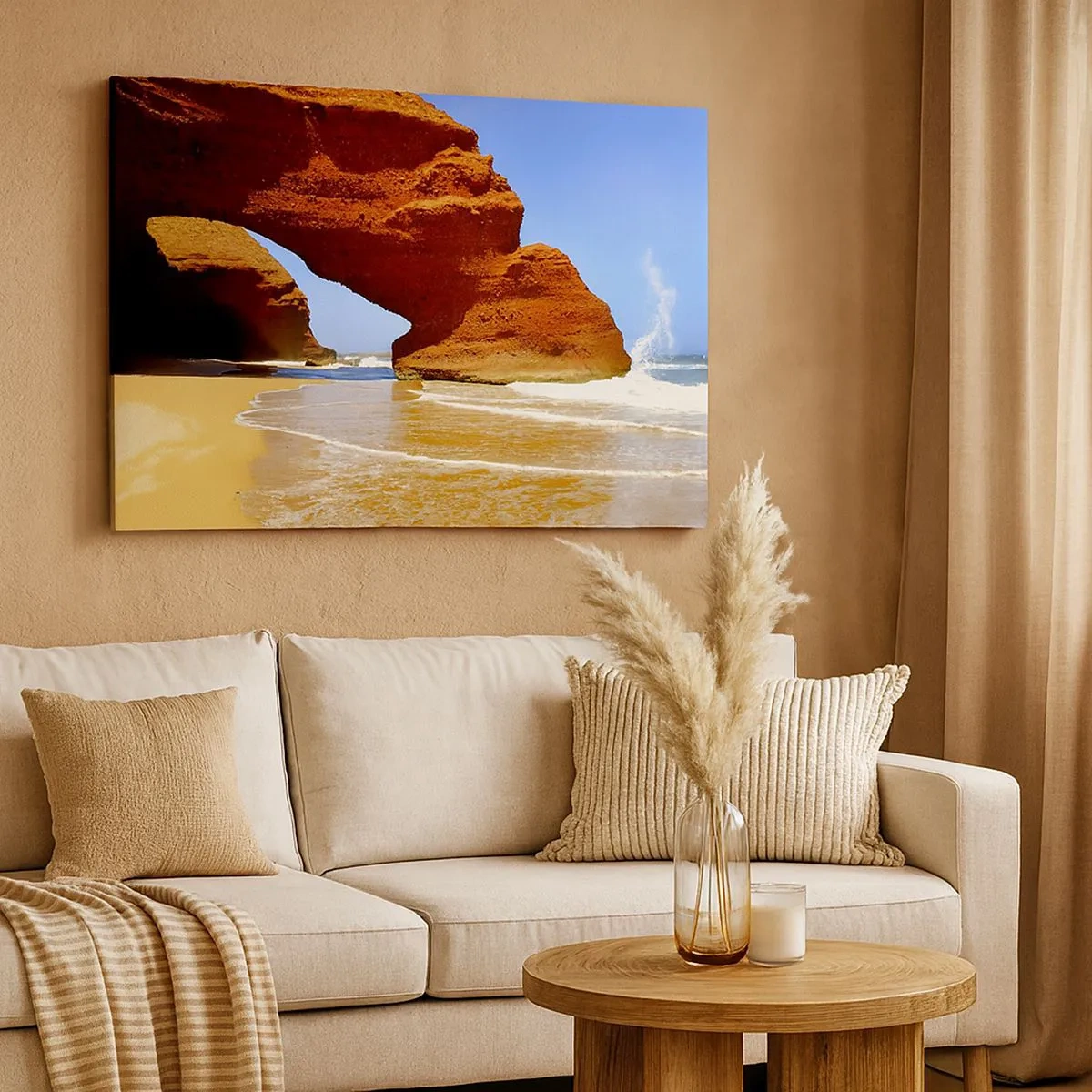 Canvas picture - A natural rock arch on a beach with blue skies and waves - 70x50cm - Water and Wind through Thousands of Years - Modern wall decoration for the living room and bedroom ARTTOR
