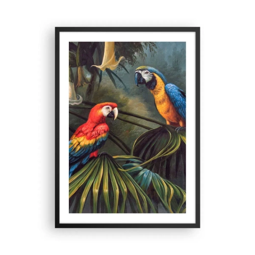 Poster in black frame - Tropical parrots surrounded by lush vegetation - 50x70cm - Romanticism in Tropics - Modern wall decoration for the living room and bedroom ARTTOR