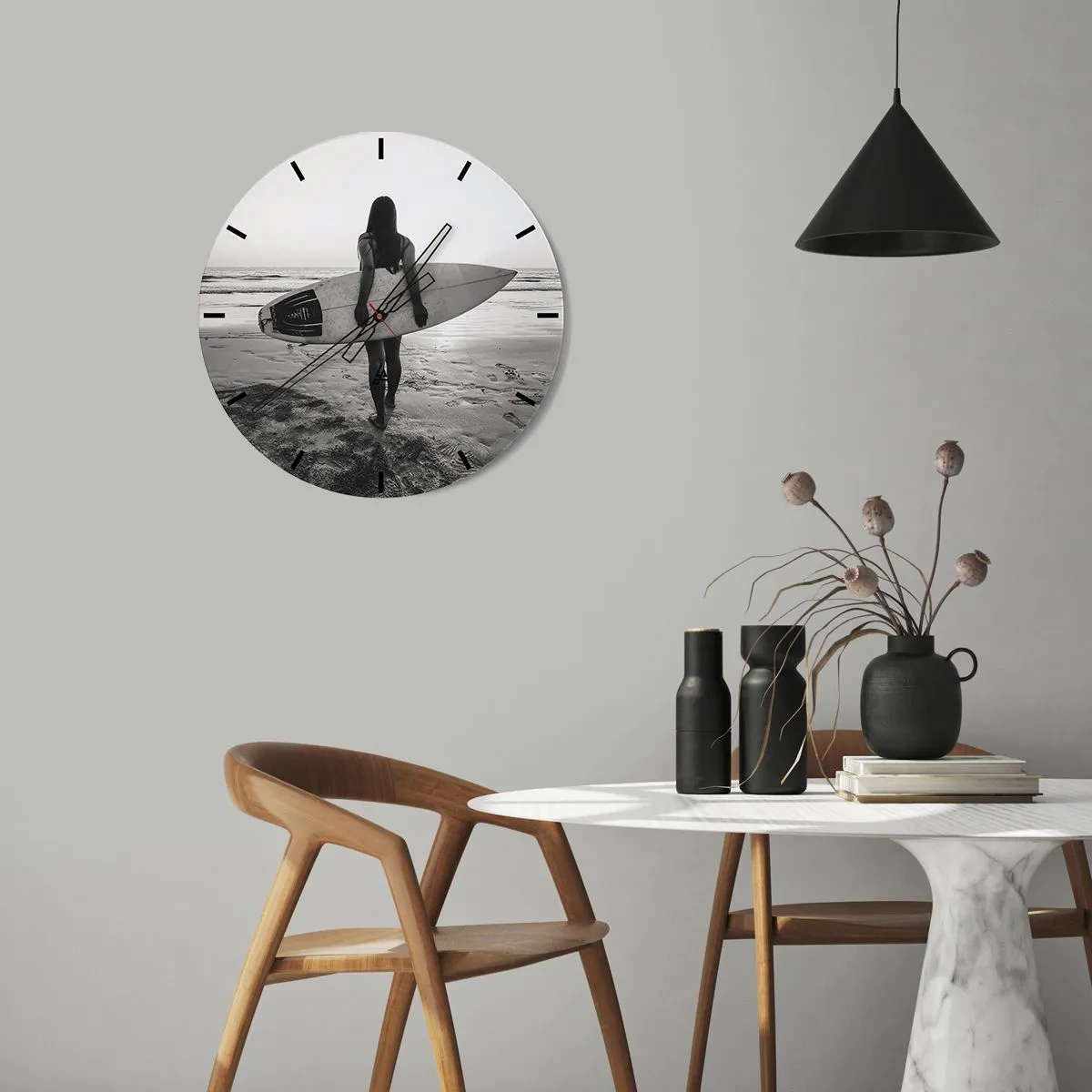 Wall clock - Clock on glass - Minimalist abstraction with black lines and a red circle. - 30x30cm - Daughter of Sea Wave - Modern wall decoration for the living room, kitchen, and bedroom ARTTOR