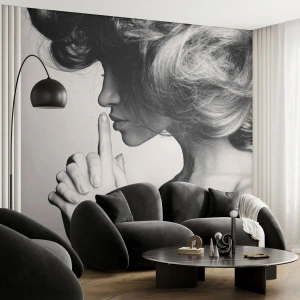 Photo Wallpaper Standard Eco - Black and white portrait of a woman making a gesture of silence - 100x70cm - Listening to Herself - Modern wall decoration for the living room and bedroom ARTTOR