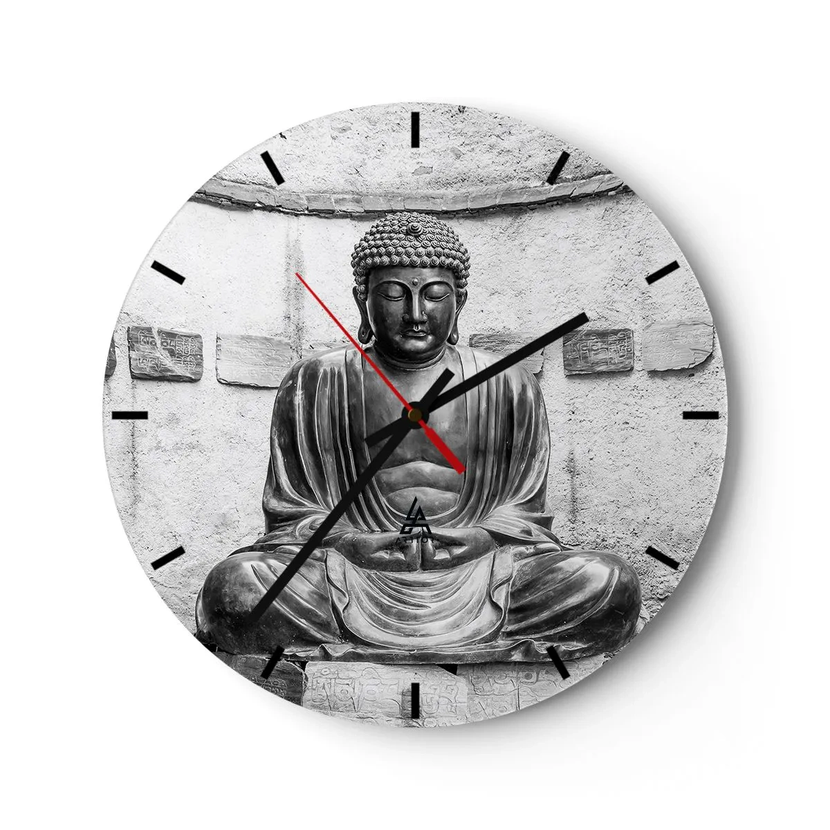 Wall clock - Clock on glass - A Buddha statue in a monochrome style against a wall background - 30x30cm - At the Source of Peace - Modern wall decoration for the living room, kitchen, and bedroom ARTTOR