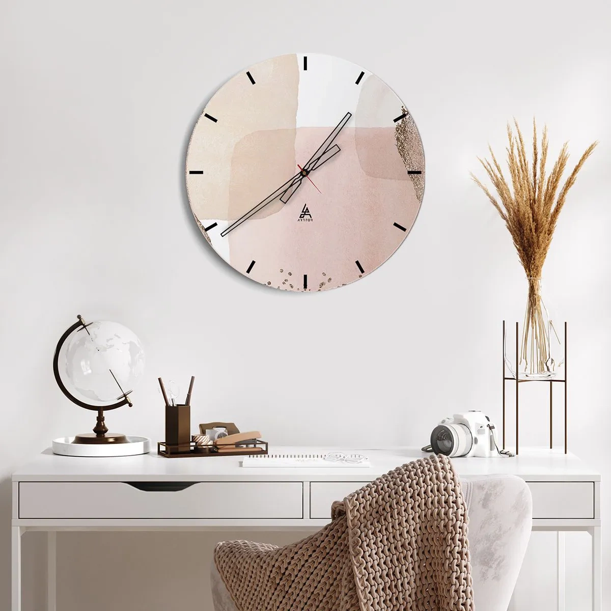 Wall clock - Clock on glass - A geometric composition of pastel blocks with shiny accents. - 30x30cm - Look through Colour - Modern wall decoration for the living room, kitchen, and bedroom ARTTOR