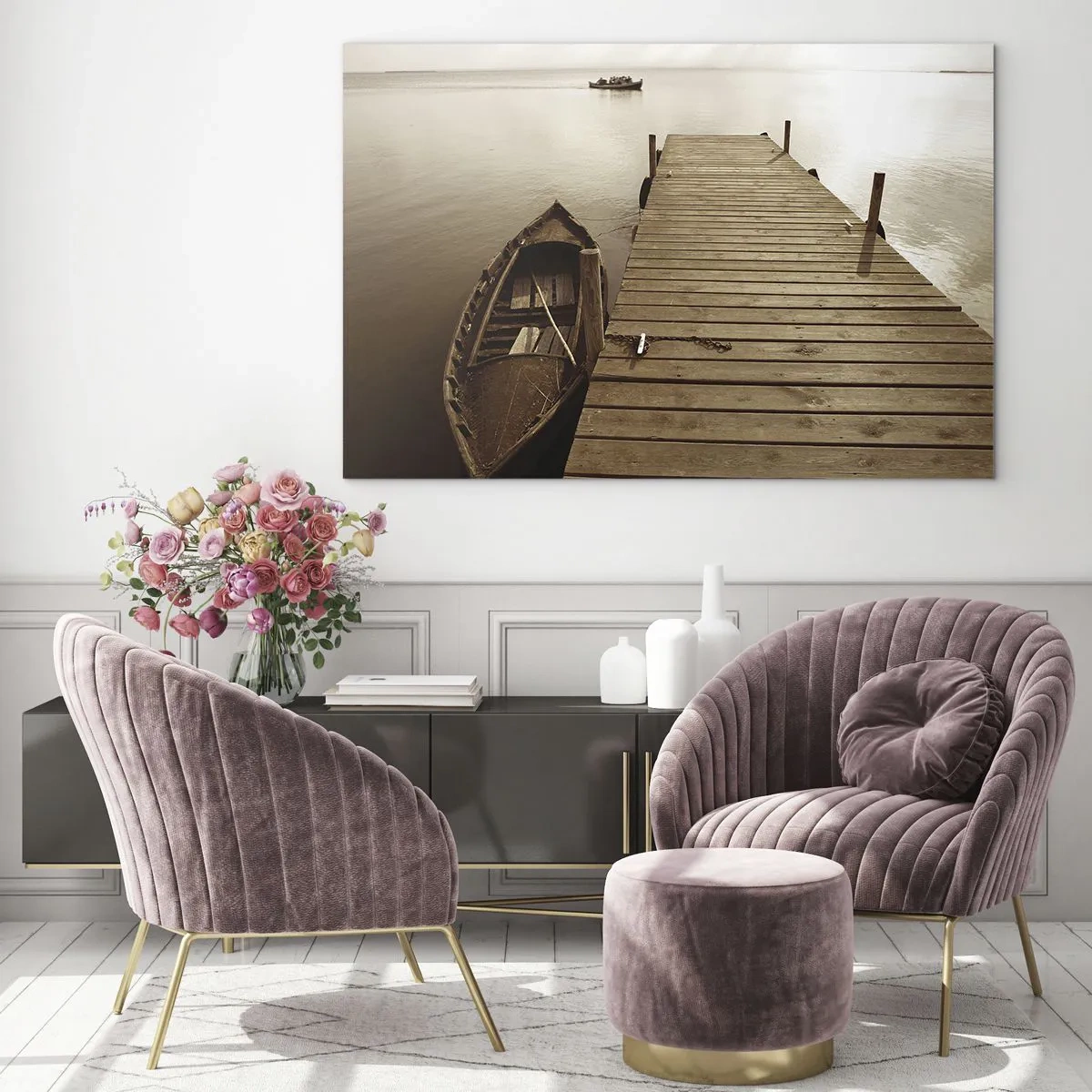 Glass picture - A boat at a pier on a calm lake in sepia - 70x50cm - Great Calm - Modern wall decoration for the living room and bedroom ARTTOR