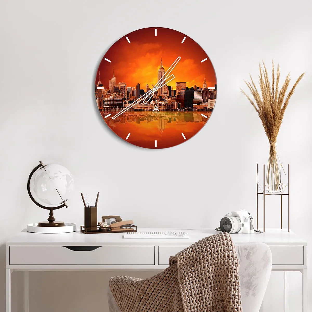 Wall clock - Clock on glass - Big City Panorama in Brown and Yellow - 30x30 cm