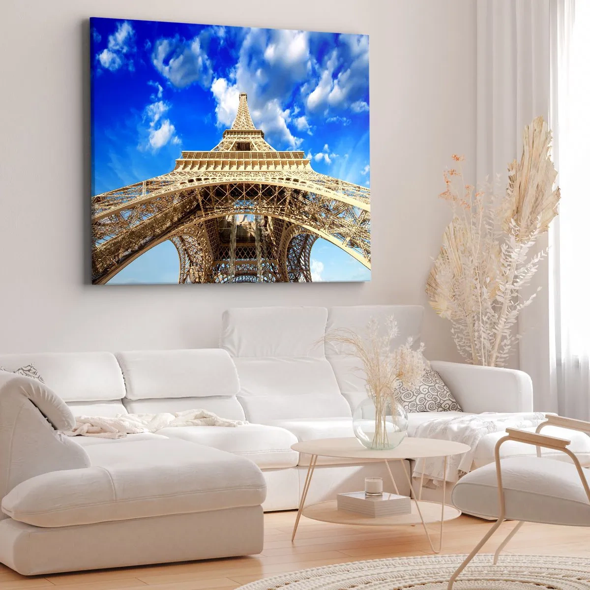 Canvas picture - The Eiffel Tower from below against a blue sky - 70x50cm - Reaching Sky and Clouds - Modern wall decoration for the living room and bedroom ARTTOR