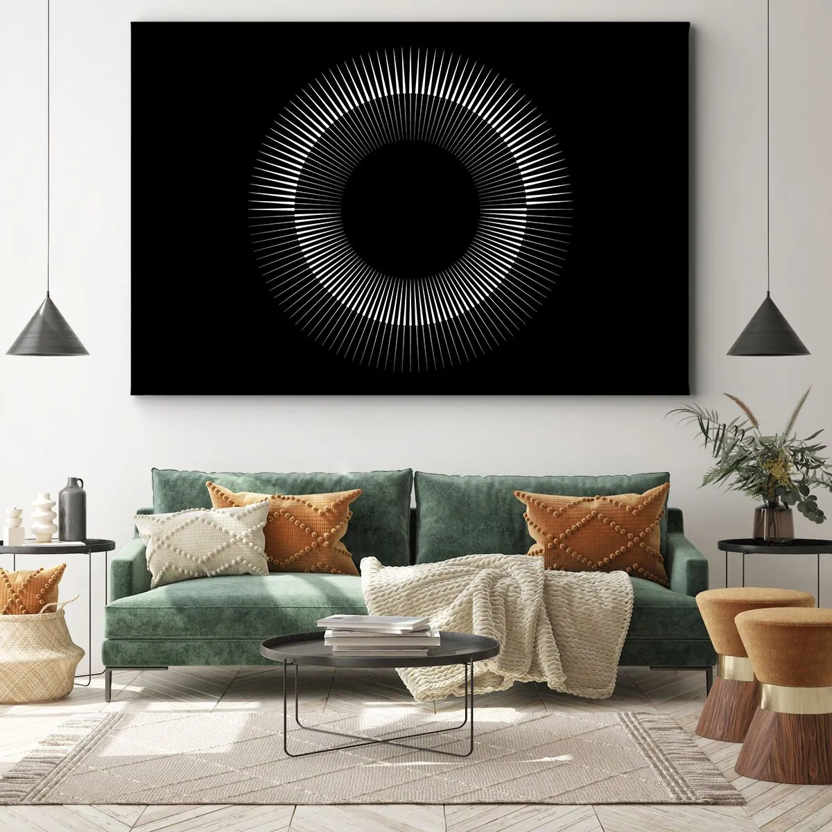 Canvas picture - Graphic circle with rays in black and white - 70x50cm - Black Sun - Modern wall decoration for the living room and bedroom ARTTOR