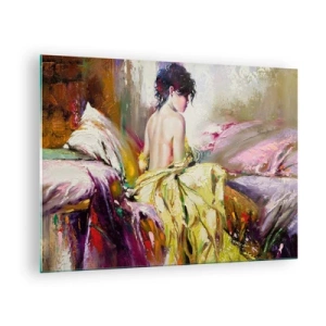 Glass picture - A woman in a yellow dress sitting on a bed in an impressionist style. - 70x50cm - Graceful in Yellow - Modern wall decoration for the living room and bedroom ARTTOR