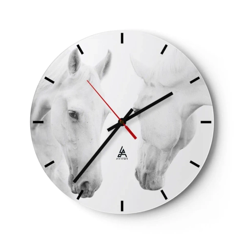 Wall clock - Clock on glass - Two white horses standing opposite each other on a white background - 30x30cm - Is this friendship…? - Modern wall decoration for the living room, kitchen, and bedroom ARTTOR