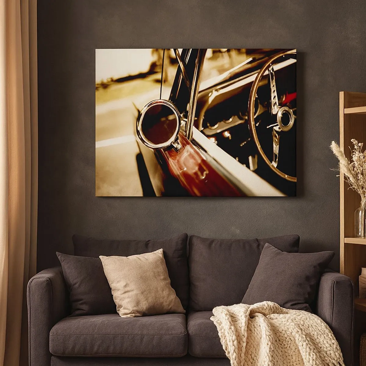 Canvas picture - Close-up of the mirror and interior of a classic retro car - 70x50cm - Car with a Soul - Modern wall decoration for the living room and bedroom ARTTOR