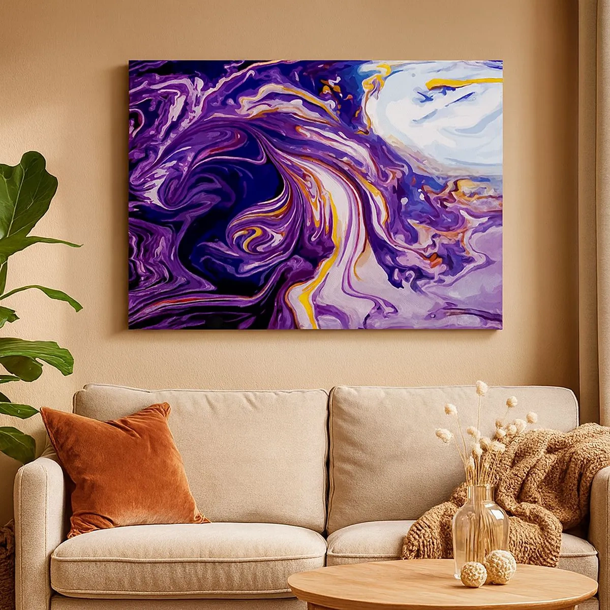 Canvas picture - A dynamic abstract pattern in shades of purple and yellow. - 70x50cm - Bending of Space in Purple - Modern wall decoration for the living room and bedroom ARTTOR