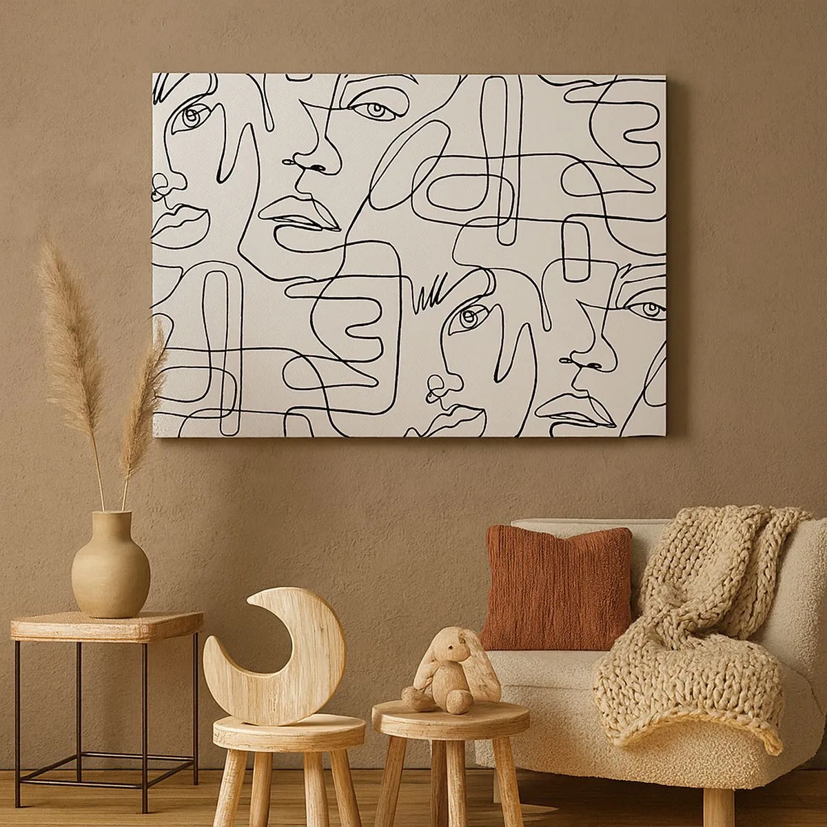 Canvas picture - A minimalist drawing of a face with lines on a light background. - 70x50cm - Tangled up in Emotions - Modern wall decoration for the living room and bedroom ARTTOR