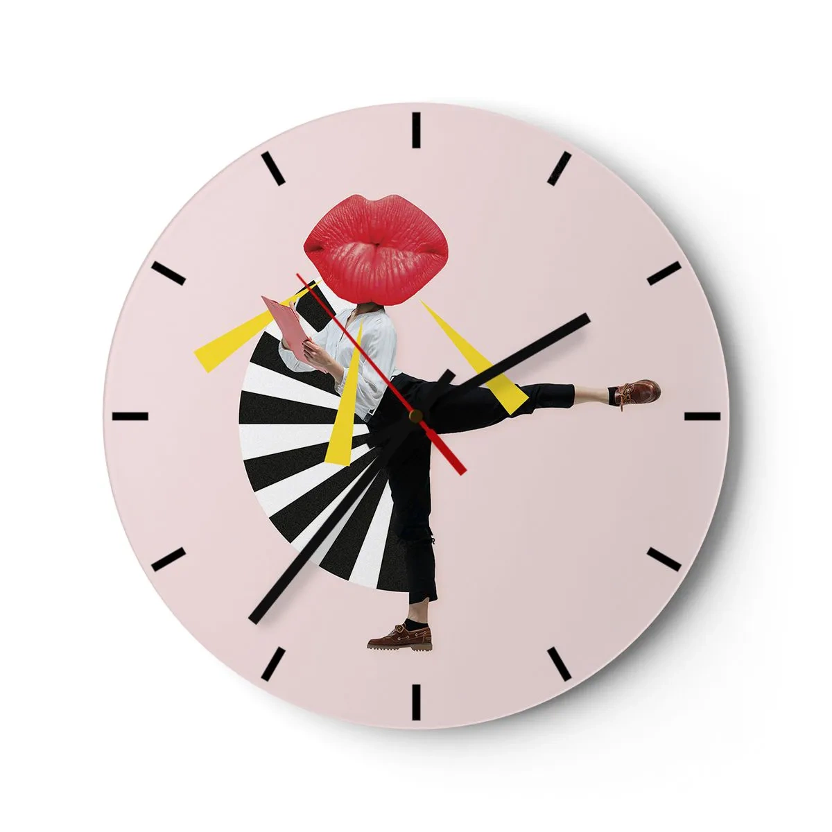 Wall clock - Clock on glass - A figure with a mouth-shaped head in a dynamic pop-art composition - 30x30cm - Surrealistic Pop-Art. - Modern wall decoration for the living room, kitchen, and bedroom ARTTOR
