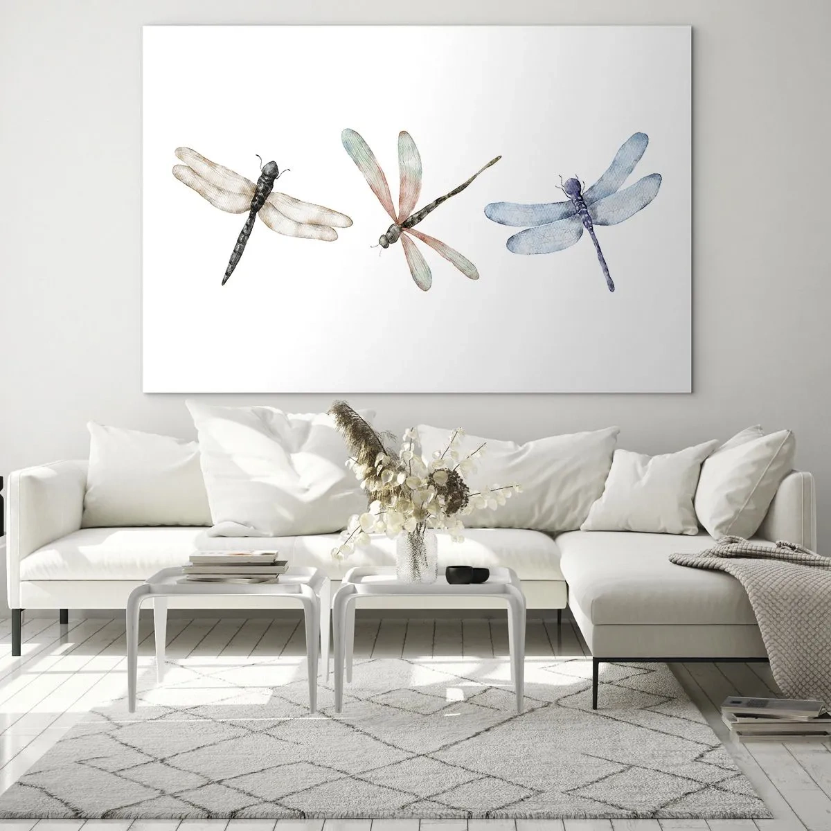 Glass picture - Three colorful dragonflies on a white background in a delicate watercolor style - 70x50cm - Lightness of Dragonflies  - Modern wall decoration for the living room and bedroom ARTTOR