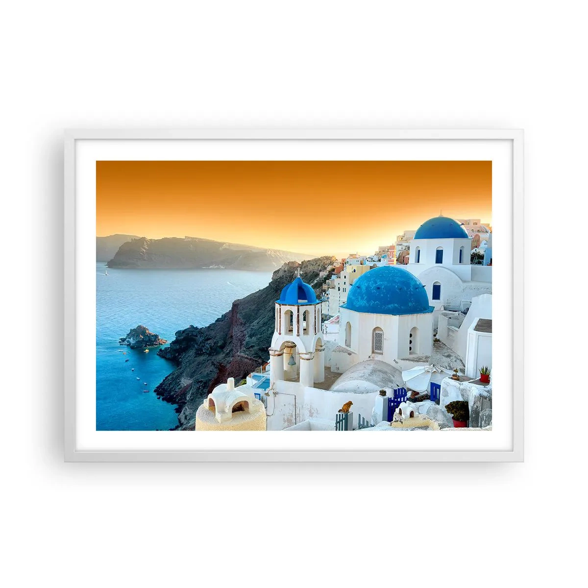 Poster in white frmae - Santorini - Snuggling up to the Rocks - 70x50 cm