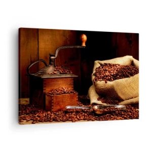 Canvas picture - An old coffee grinder with beans and a bag in a rustic style. - 70x50cm - Still Life with Coffee Grains and a Grinder - Modern wall decoration for the living room and bedroom ARTTOR