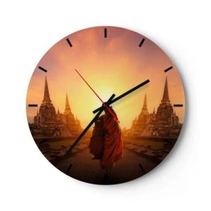 Wall clock - Clock on glass - A monk in a saffron robe surrounded by temples at sunset - 30x30cm - In Peace through Eternity - Modern wall decoration for the living room, kitchen, and bedroom ARTTOR
