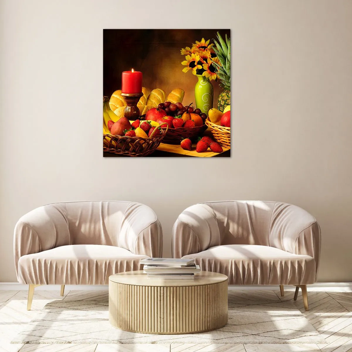 Glass picture - Still Nature with Bread and Fruit - 60x60 cm