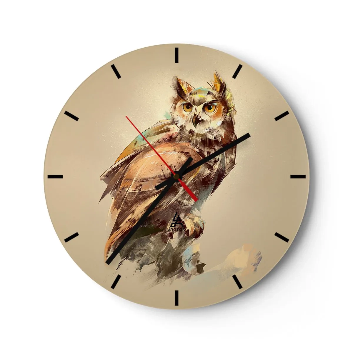 Wall clock - Clock on glass - Artistic portrait of an owl on a beige background - 30x30cm - The Wisest Owl - Modern wall decoration for the living room, kitchen, and bedroom ARTTOR