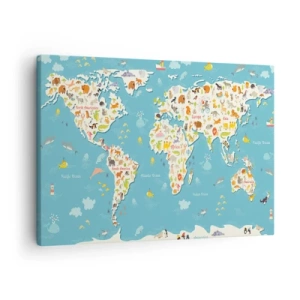 Canvas picture - Colorful world map with animal illustrations - 70x50cm - I Love the Whole World - Modern wall decoration for the living room and bedroom ARTTOR