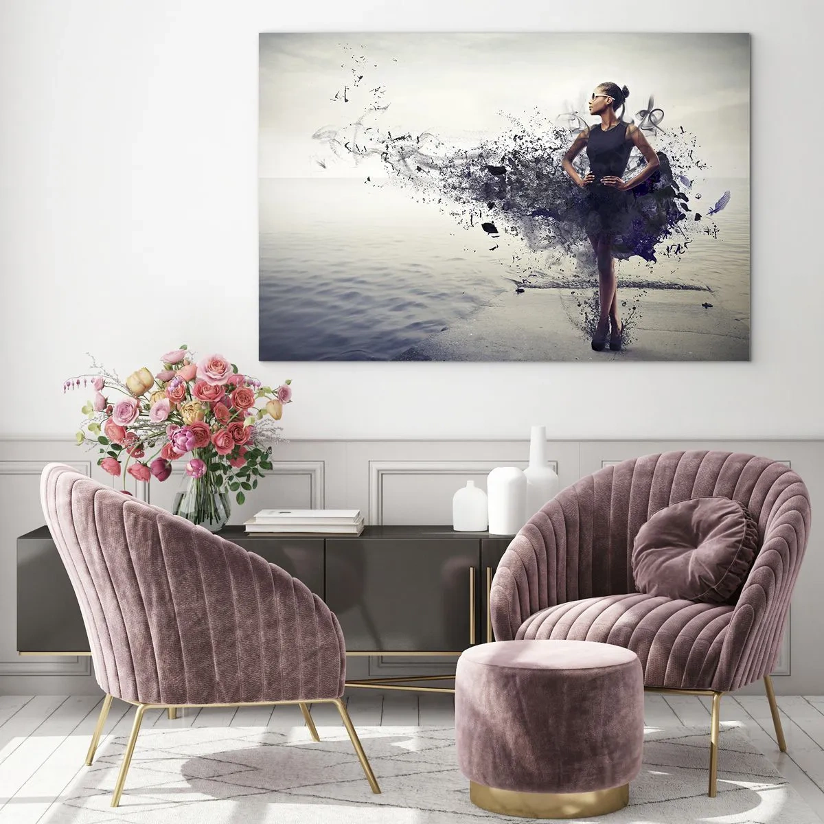 Glass picture - A woman in a blurry dress against the backdrop of calm water - 70x50cm - African Venus - Modern wall decoration for the living room and bedroom ARTTOR