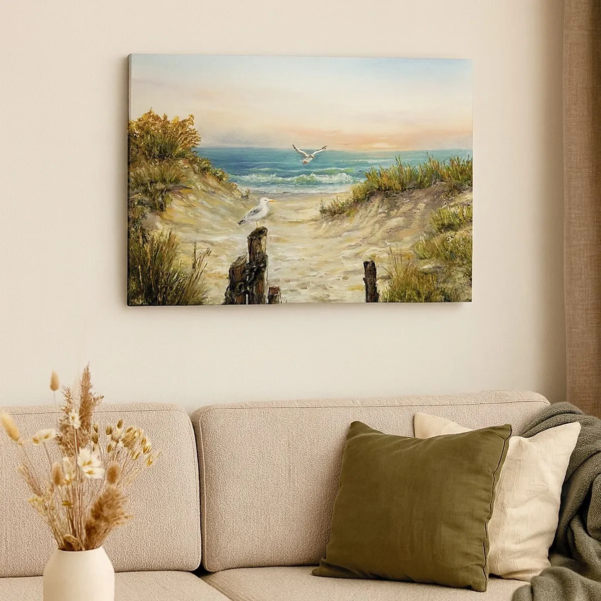 Canvas picture - Coast with seagulls and dunes at sunset - 70x50cm - Airless Retreat - Modern wall decoration for the living room and bedroom ARTTOR