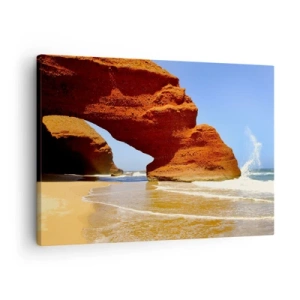 Canvas picture - A natural rock arch on a beach with blue skies and waves - 70x50cm - Water and Wind through Thousands of Years - Modern wall decoration for the living room and bedroom ARTTOR