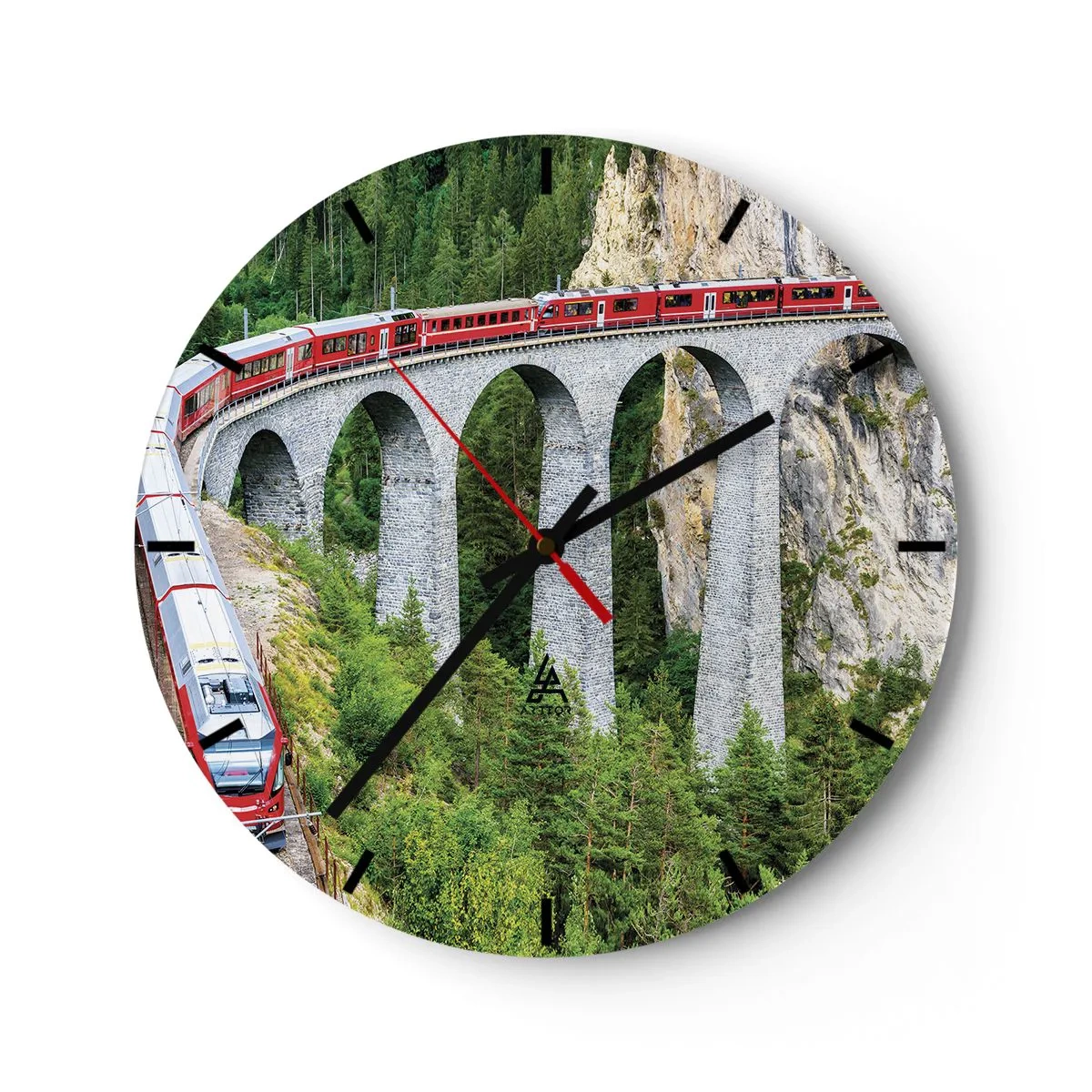 Wall clock - Clock on glass - A red train on a viaduct among mountain forests - 30x30cm - Time for Mountin Views - Modern wall decoration for the living room, kitchen, and bedroom ARTTOR
