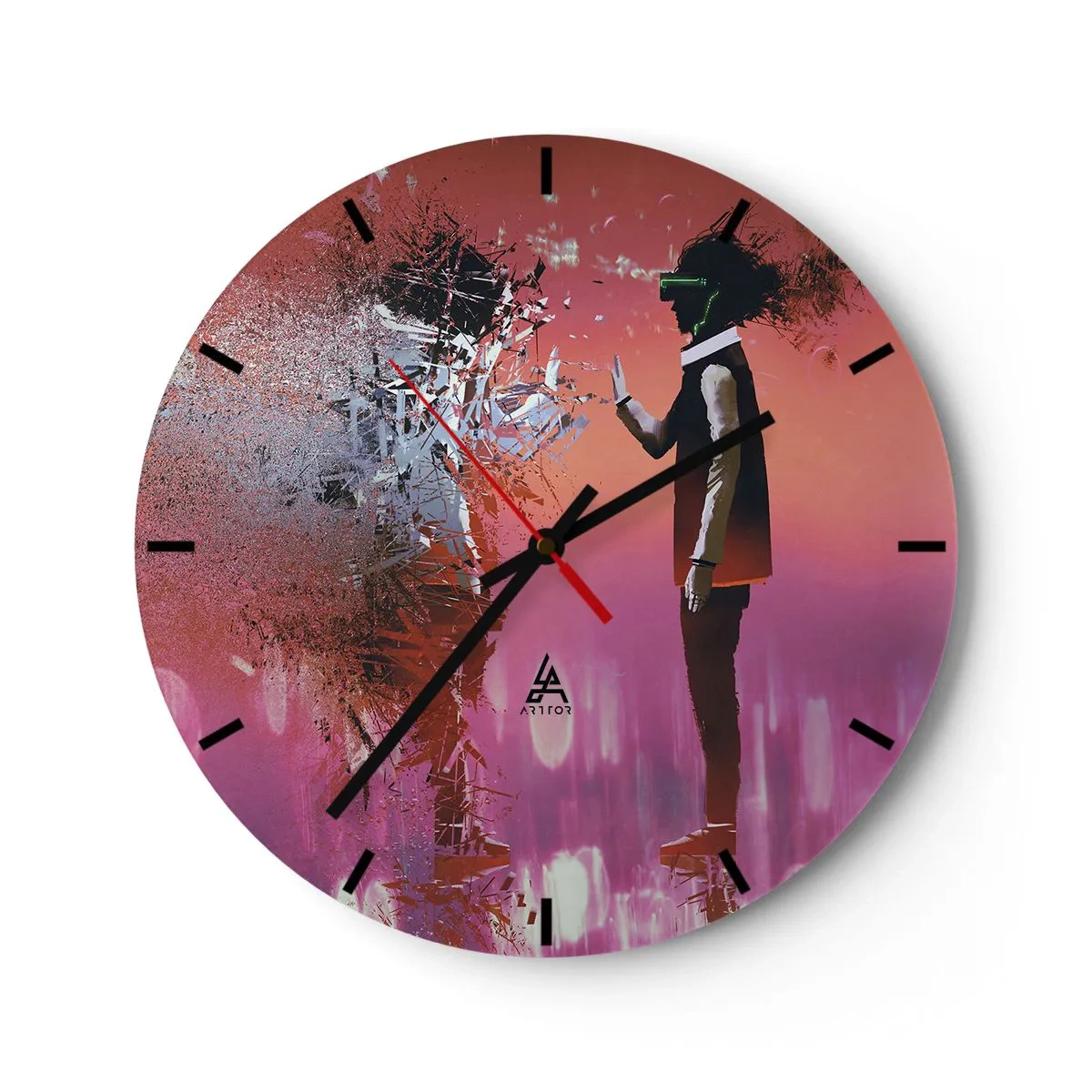 Wall clock - Clock on glass - A character with VR glasses in a futuristic, pink world - 30x30cm - Can You Look Inside You? - Modern wall decoration for the living room, kitchen, and bedroom ARTTOR