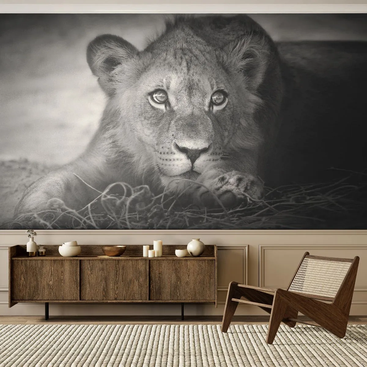 Photo Wallpaper Premium Sand - Royal Puppy - Animals, Lion, Black and white - 300x210 cm