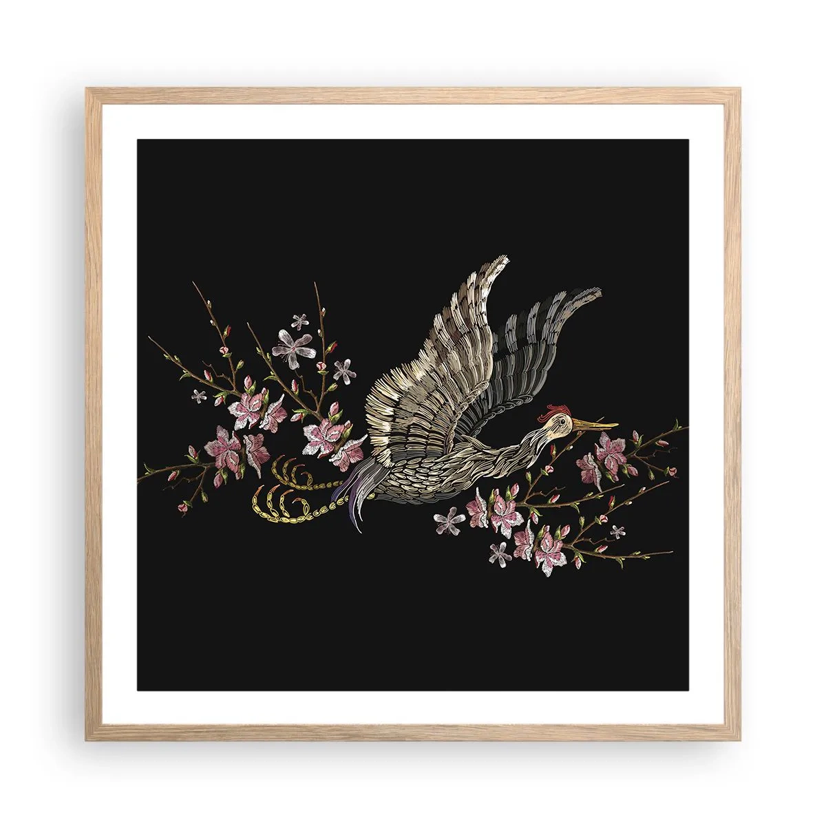 Poster in light oak frame - Exotic, Embroidered Bird - 60x60 cm